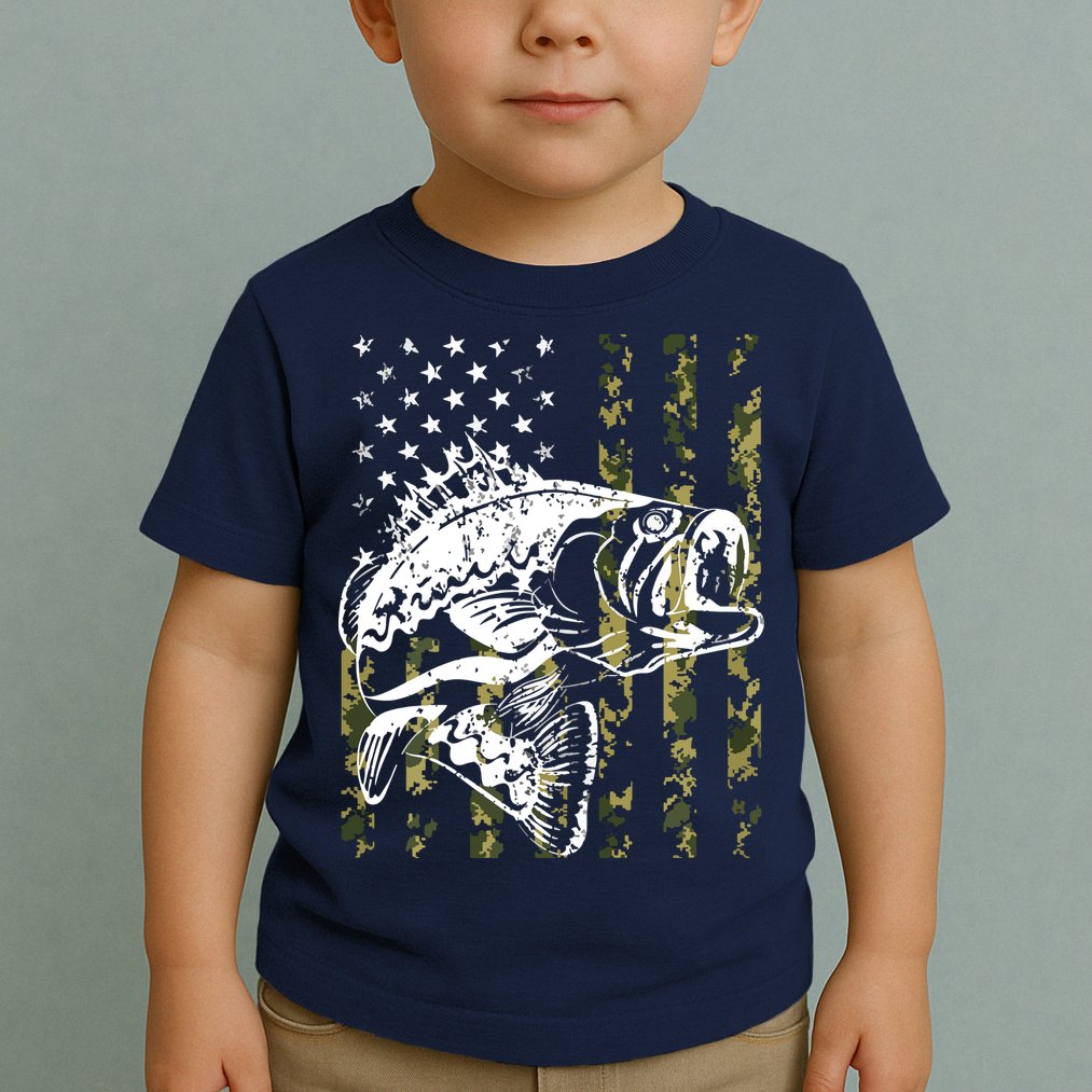 Fishing, Camouflage American Flag Fish, Bass Fish Fisherman Toddler T-Shirt