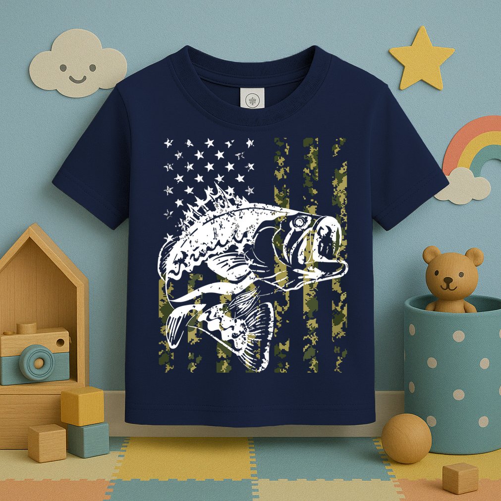 Fishing, Camouflage American Flag Fish, Bass Fish Fisherman Toddler T-Shirt