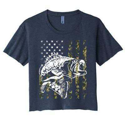 Fishing, Camouflage American Flag Fish, Bass Fish Fisherman Women's Crop Top Tee