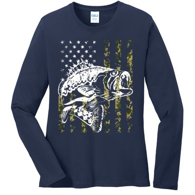 Fishing, Camouflage American Flag Fish, Bass Fish Fisherman Ladies Long Sleeve Shirt