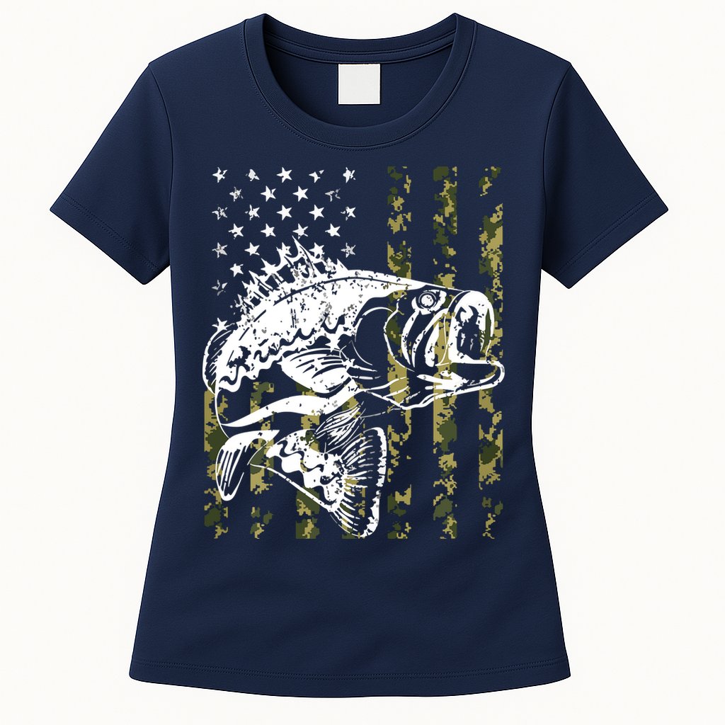 Fishing, Camouflage American Flag Fish, Bass Fish Fisherman Womens T-Shirt