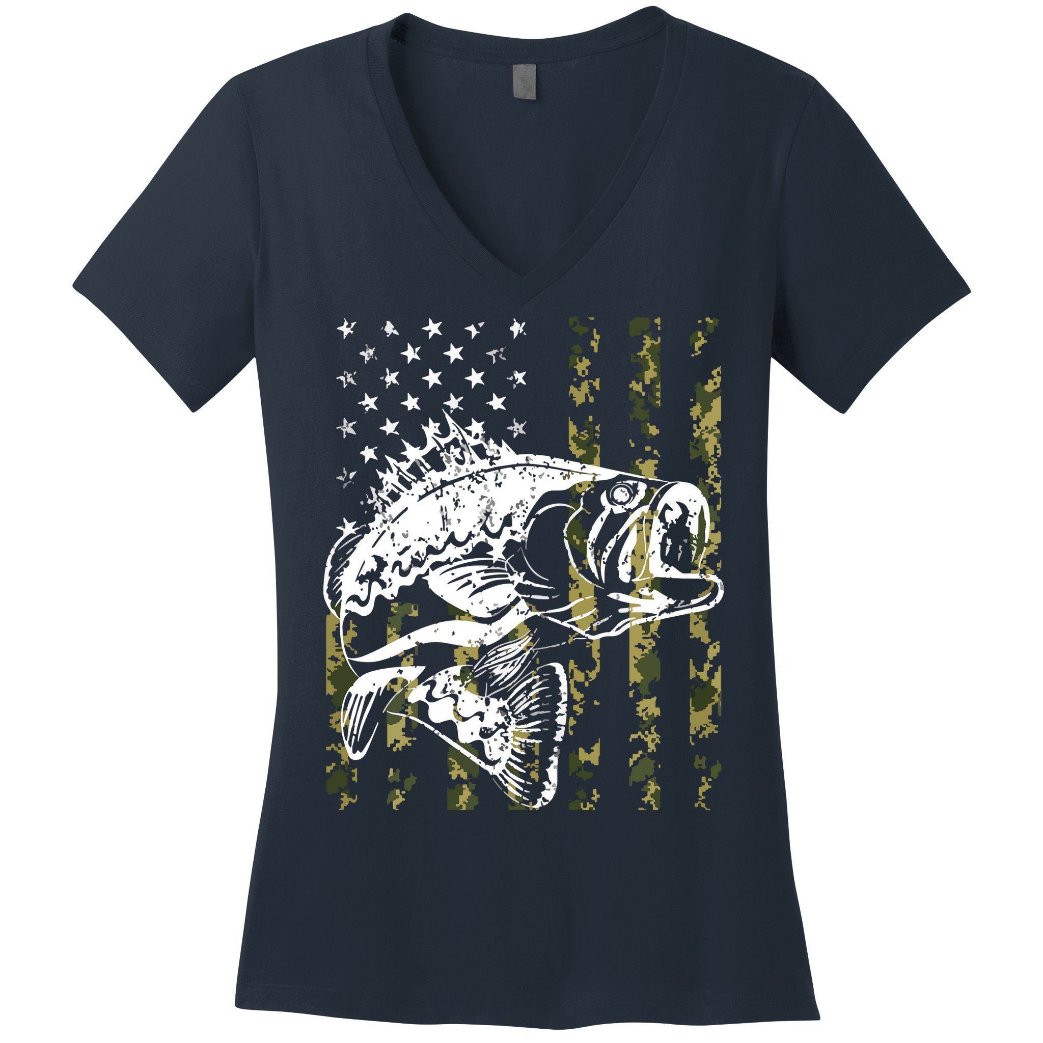 Fishing, Camouflage American Flag Fish, Bass Fish Fisherman Women's V-Neck T-Shirt