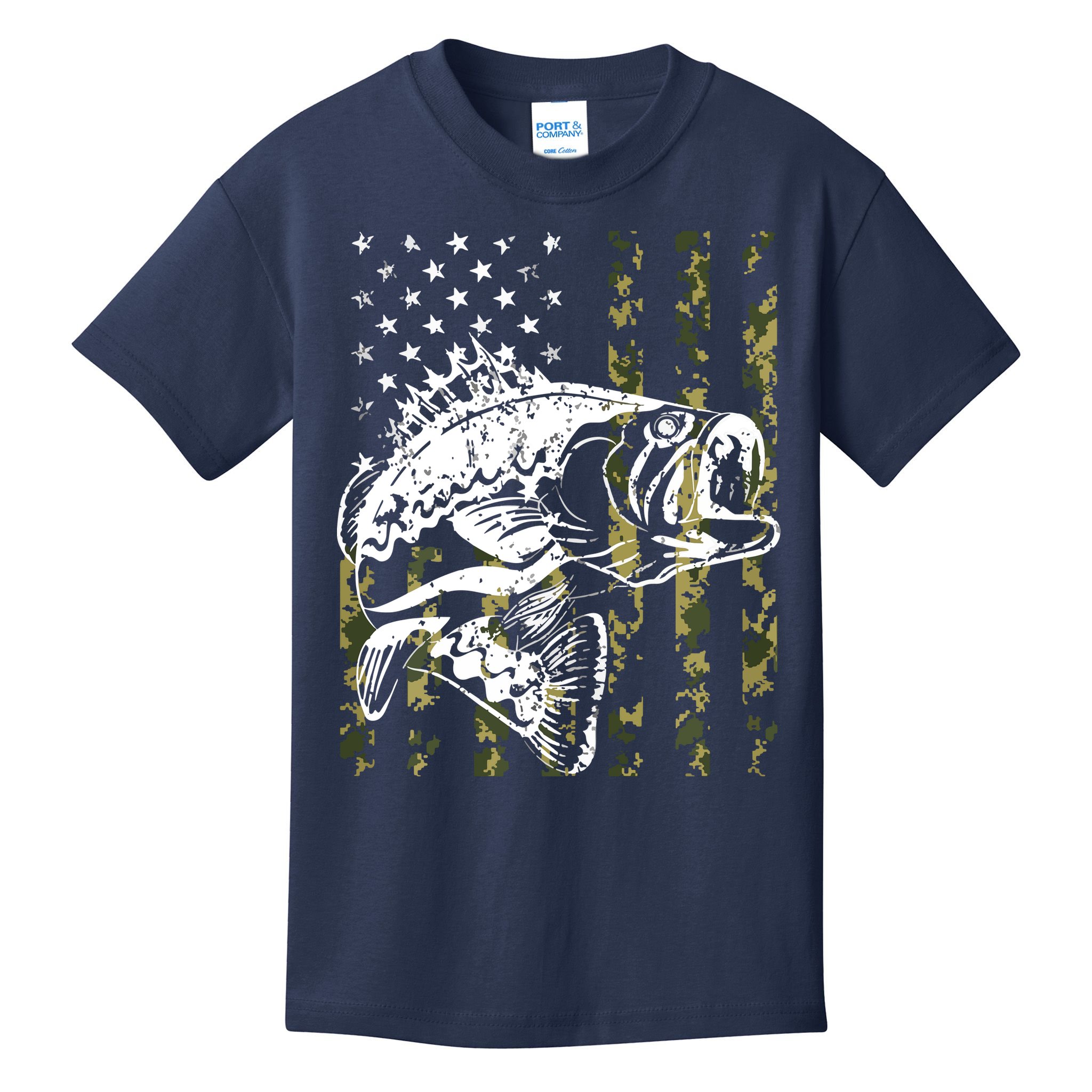 Fishing, Camouflage American Flag Fish, Bass Fish Fisherman Kids T-Shirt