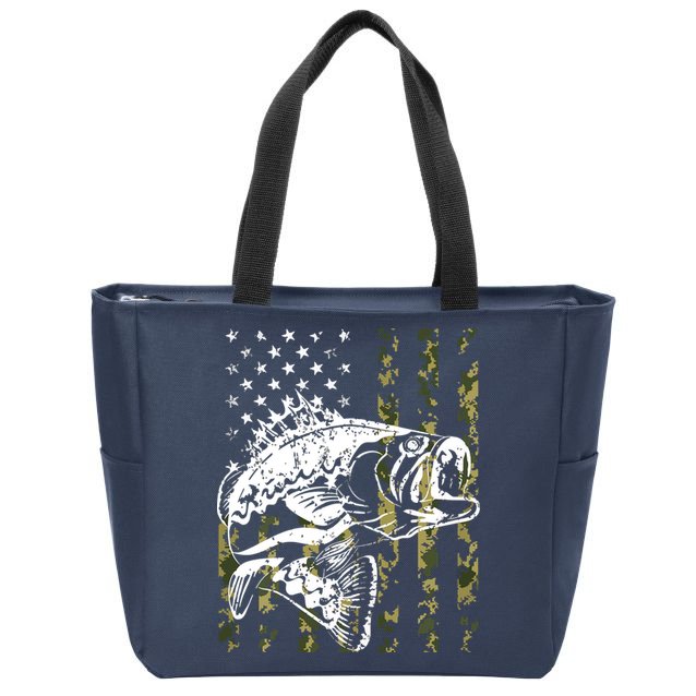 Fishing, Camouflage American Flag Fish, Bass Fish Fisherman Zip Tote Bag