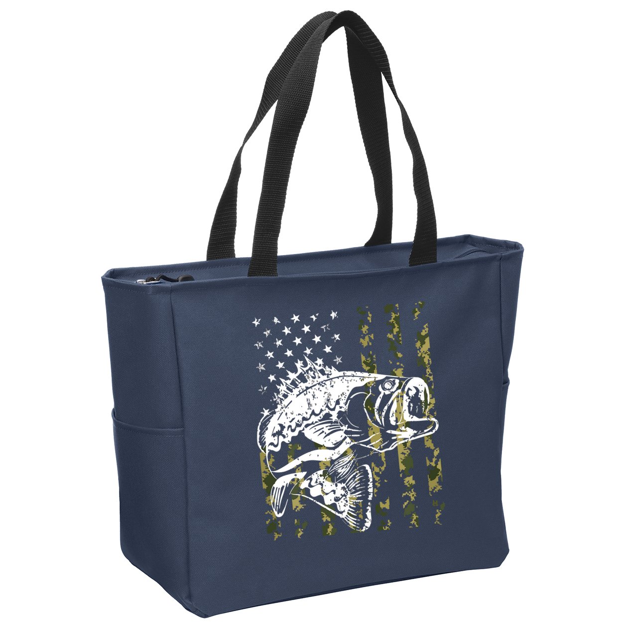Fishing, Camouflage American Flag Fish, Bass Fish Fisherman Zip Tote Bag