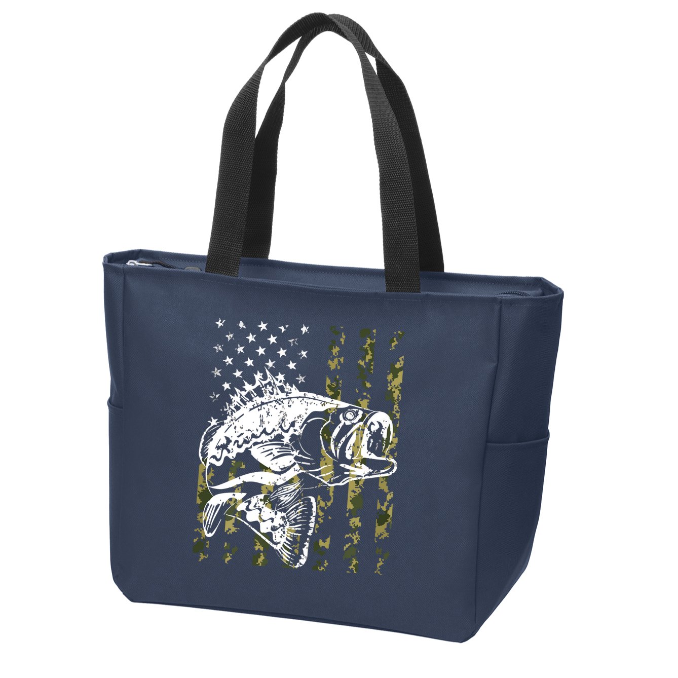 Fishing, Camouflage American Flag Fish, Bass Fish Fisherman Zip Tote Bag