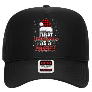 First Christmas As A Daddy Santa Hat Red Plaid Buffalo High Crown Mesh Back Trucker Hat