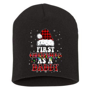 First Christmas As A Daddy Santa Hat Red Plaid Buffalo Short Acrylic Beanie