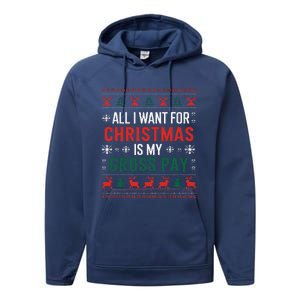 Funny Christmas All I Want Is My Gross Pay Xmas Funny Joke Performance Fleece Hoodie