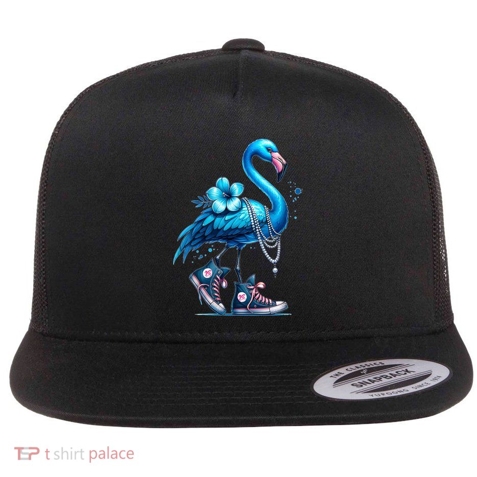Flamingo Chucks And Pearls Comma La Kamala Flat Bill Trucker Hat