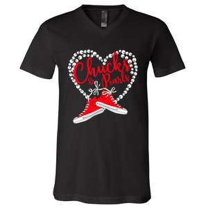 Funny Chucks And Pearls Im With Her Kamala 2024 Gift V-Neck T-Shirt