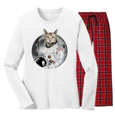 Funny Cat Astronaut Space Cosmic Kitten Moon Meme Women's Long Sleeve Flannel Pajama Set 