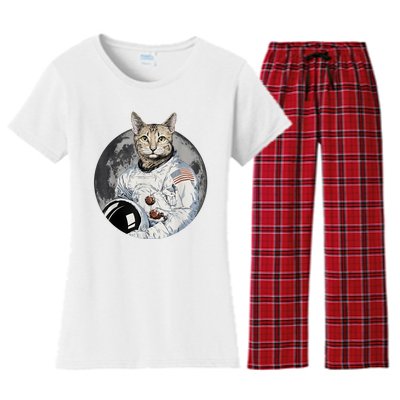 Funny Cat Astronaut Space Cosmic Kitten Moon Meme Women's Flannel Pajama Set