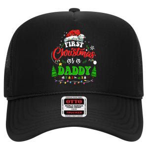 First Christmas As A Daddy Santa Hat Ugly Xmas 2024 High Crown Mesh Back Trucker Hat