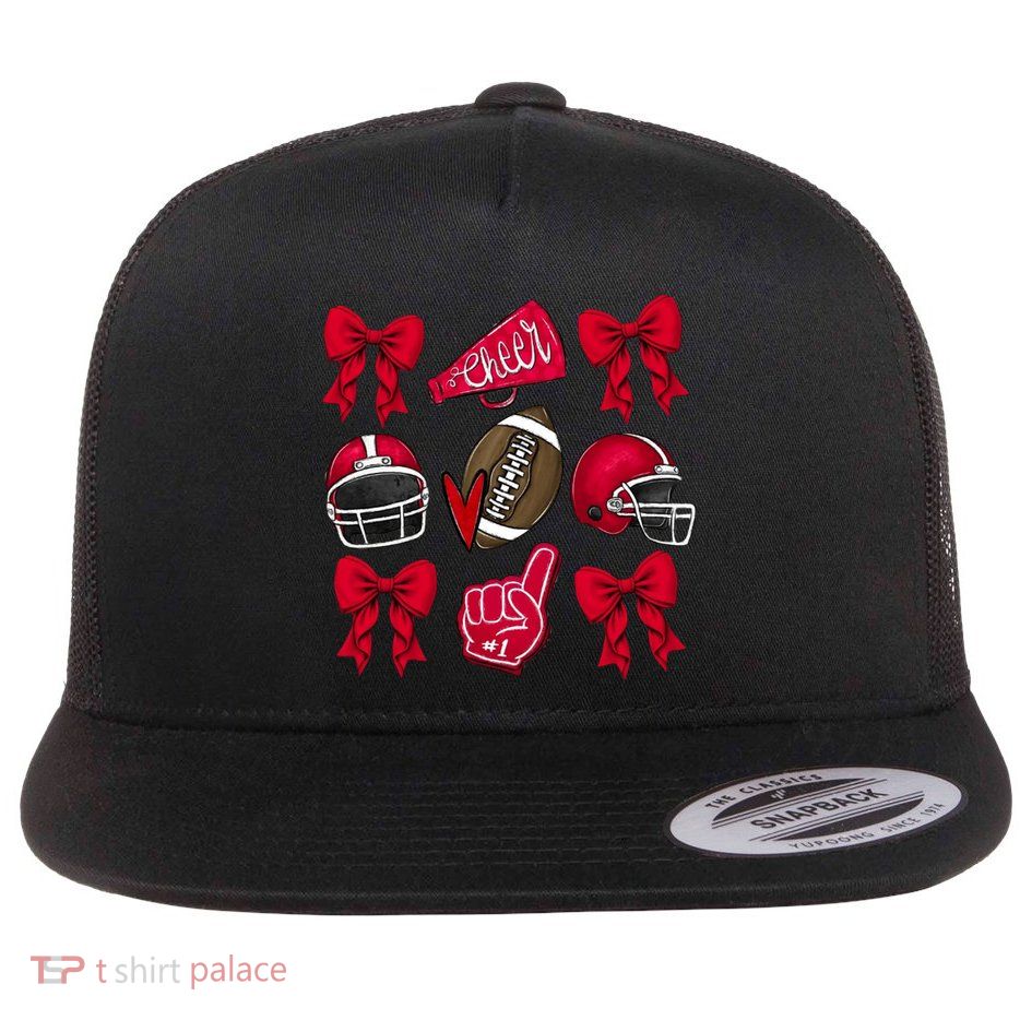 Football Coquette Bow Football Cheer Lover Flat Bill Trucker Hat