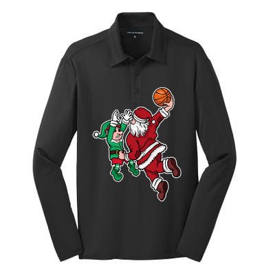 Funny Christmas Basketball Player Santa Claus Dunk Xmas Silk Touch Performance Long Sleeve Polo