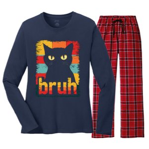 Funny Cat Bruh Meme Graphic Women's Long Sleeve Flannel Pajama Set 