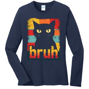 Funny Cat Bruh Meme Graphic Ladies Long Sleeve Shirt