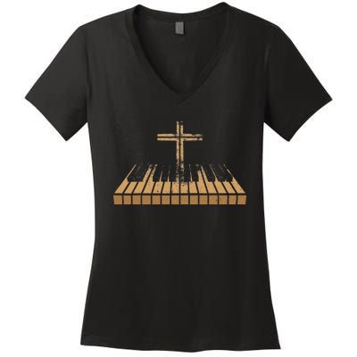 Funny Christian Band Musician Rock Music Piano Women's V-Neck T-Shirt