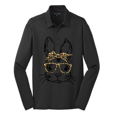 Funny Cute Bunny Wearing Glasses Leopard Easter Day Silk Touch Performance Long Sleeve Polo