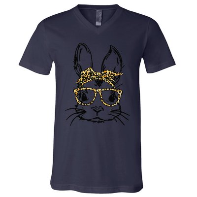 Funny Cute Bunny Wearing Glasses Leopard Easter Day V-Neck T-Shirt