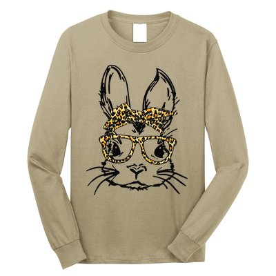 Funny Cute Bunny Wearing Glasses Leopard Easter Day Long Sleeve Shirt