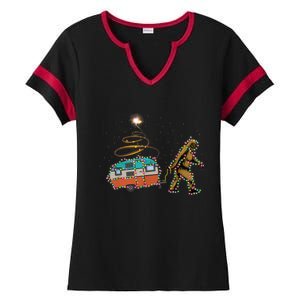 Funny Camping Bigfoot Light Christmas Tree Gifts Xmas Idea Ladies Halftime Notch Neck Tee