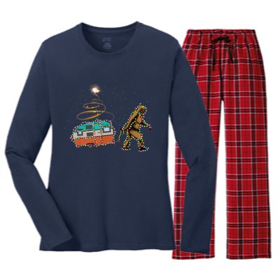 Funny Camping Bigfoot Light Christmas Tree Gifts Xmas Idea Women's Long Sleeve Flannel Pajama Set 