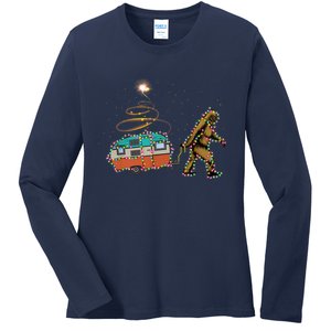 Funny Camping Bigfoot Light Christmas Tree Gifts Xmas Idea Ladies Long Sleeve Shirt