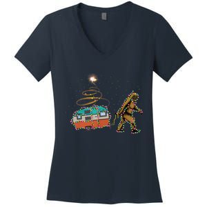 Funny Camping Bigfoot Light Christmas Tree Gifts Xmas Idea Women's V-Neck T-Shirt