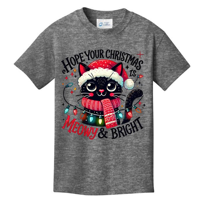 Funny Cute Black Cat Hope Your Christmas Is Meowy & Bright Kids T-Shirt