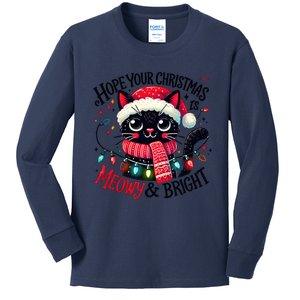 Funny Cute Black Cat Hope Your Christmas Is Meowy & Bright Kids Long Sleeve Shirt