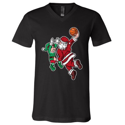 Funny Christmas Basketball Player Santa Claus Dunk Xmas V-Neck T-Shirt