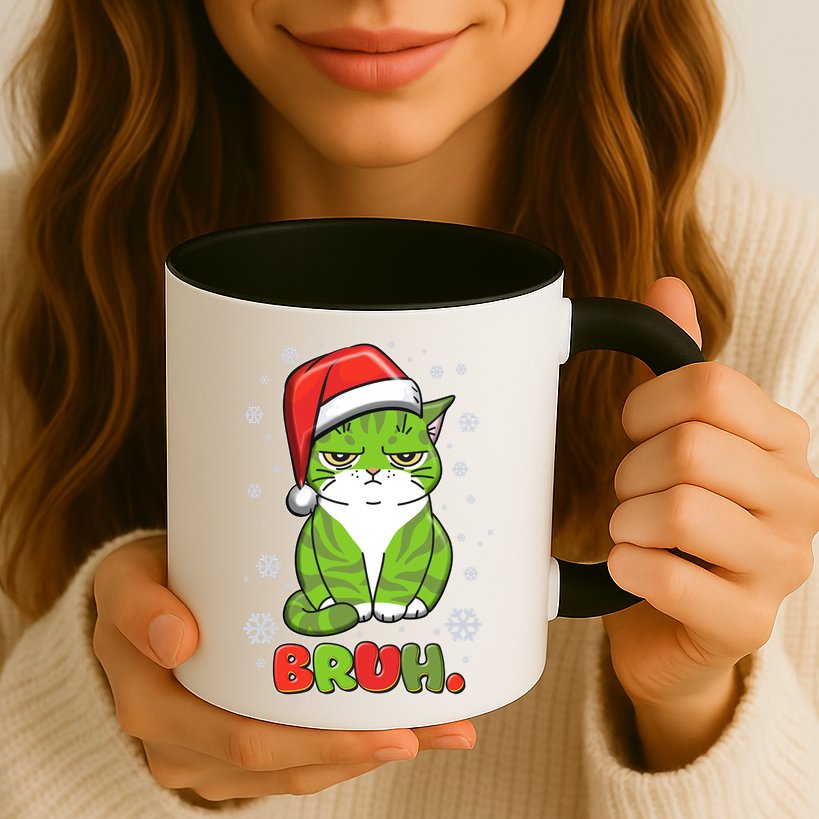 Funny Christmas Bruh Grumpy Grinch Cat Mug