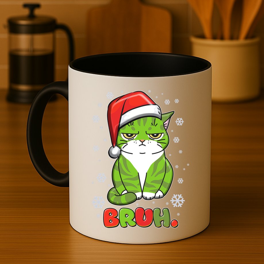 Funny Christmas Bruh Grumpy Grinch Cat Mug