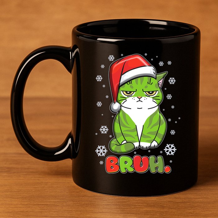 Funny Christmas Bruh Grumpy Grinch Cat 11oz C Handle Ceramic Mug