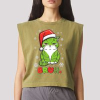 Funny Christmas Bruh Grumpy Grinch Cat Garment-Dyed Women's Muscle Tee
