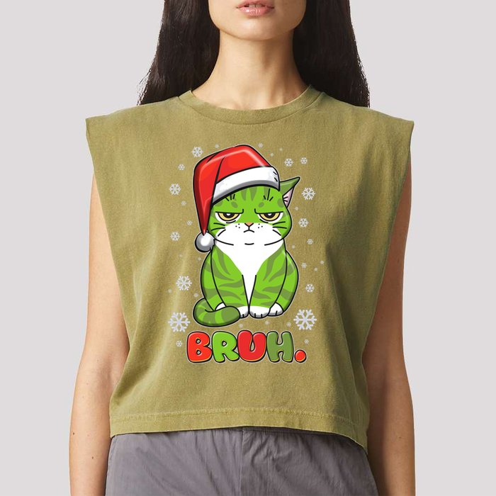 Funny Christmas Bruh Grumpy Grinch Cat Garment-Dyed Women's Muscle Tee