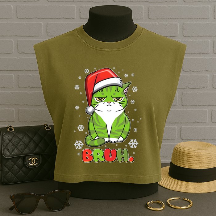 Funny Christmas Bruh Grumpy Grinch Cat Garment-Dyed Women's Muscle Tee