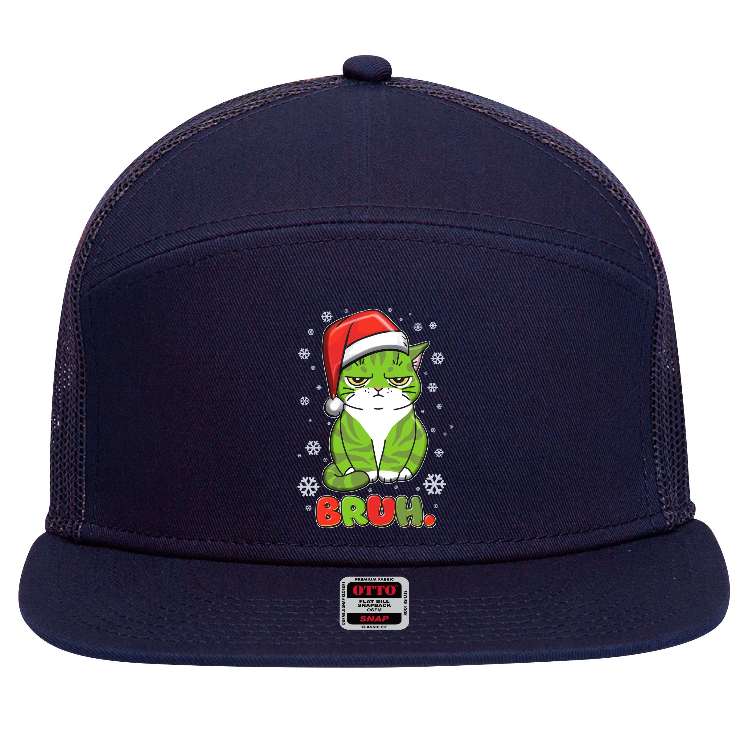Funny Christmas Bruh Grumpy Grinch Cat 7 Panel Mesh Trucker Snapback Hat
