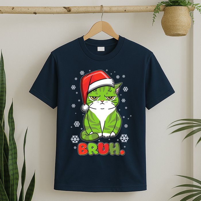Funny Christmas Bruh Grumpy Grinch Cat T-Shirt