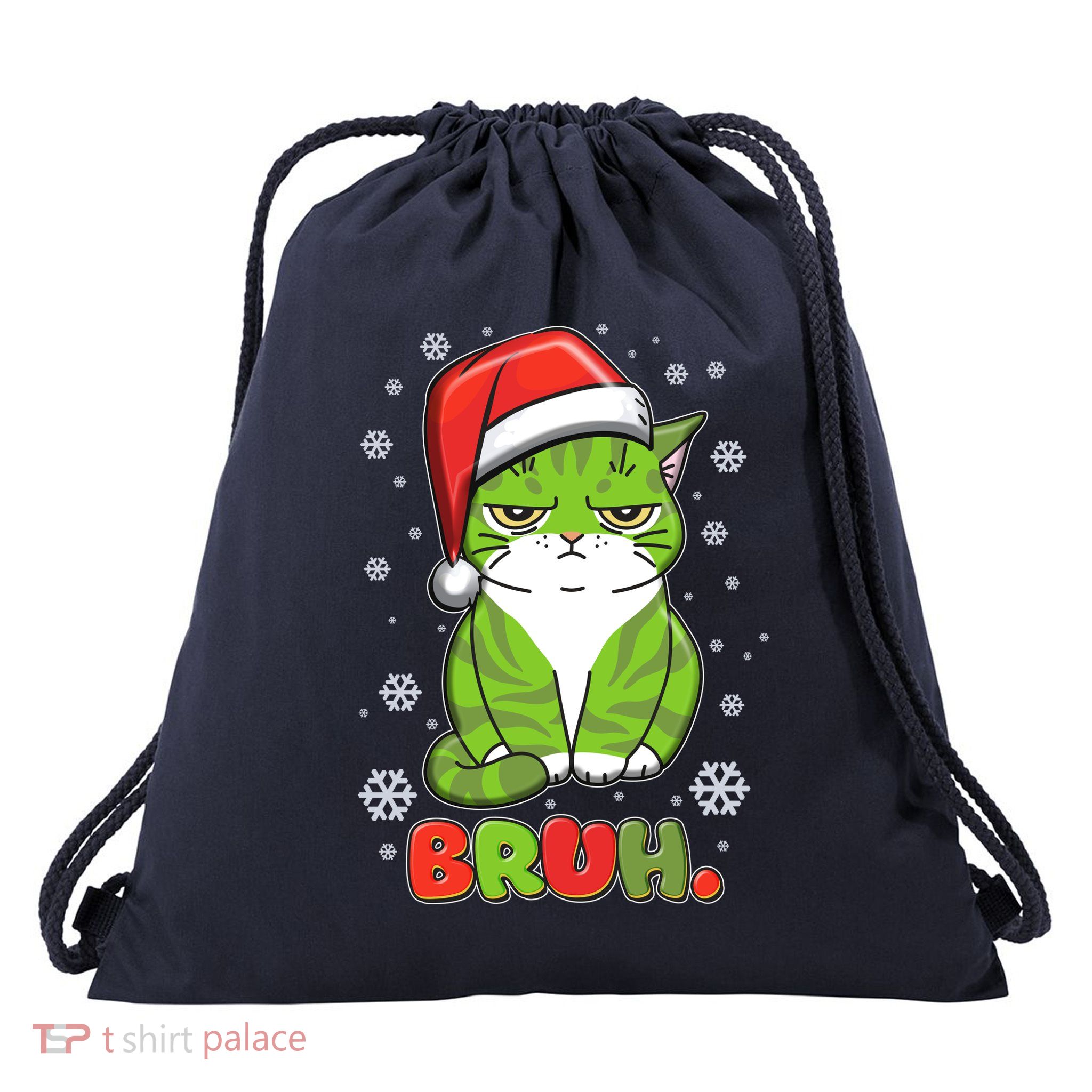 Funny Christmas Bruh Grumpy Grinch Cat Drawstring Bag