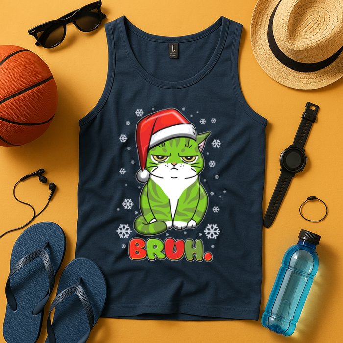 Funny Christmas Bruh Grumpy Grinch Cat Tank Top