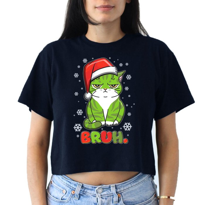 Funny Christmas Bruh Grumpy Grinch Cat Crop Top