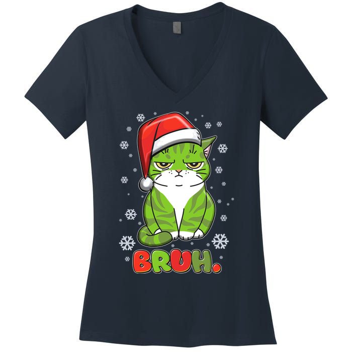 Funny Christmas Bruh Grumpy Grinch Cat Women's V-Neck T-Shirt