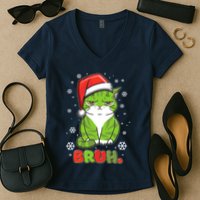 Funny Christmas Bruh Grumpy Grinch Cat Women's V-Neck T-Shirt