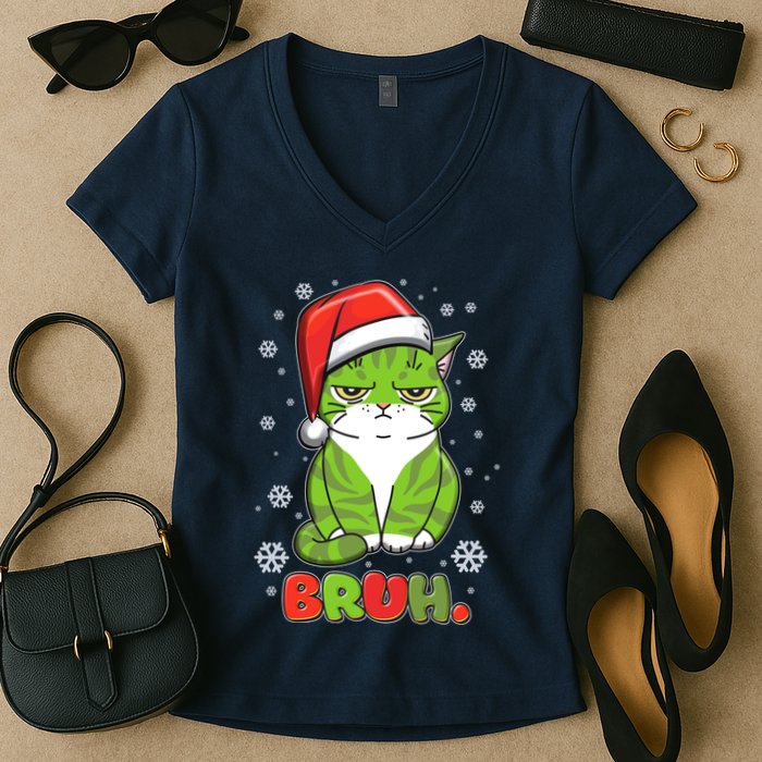 Funny Christmas Bruh Grumpy Grinch Cat Women's V-Neck T-Shirt