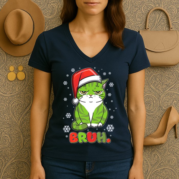 Funny Christmas Bruh Grumpy Grinch Cat Women's V-Neck T-Shirt