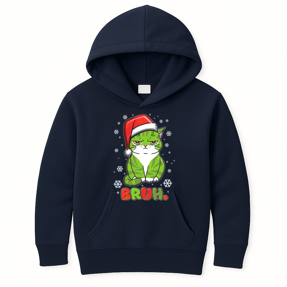 Funny Christmas Bruh Grumpy Grinch Cat Kids Hoodie