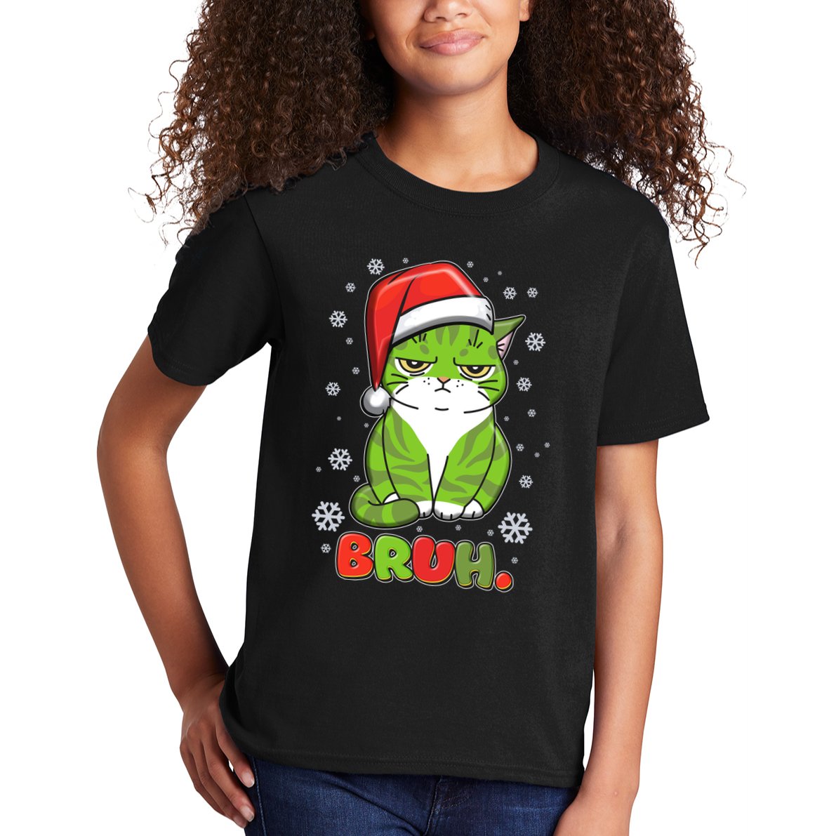 Funny Christmas Bruh Grumpy Grinch Cat Kids T-Shirt